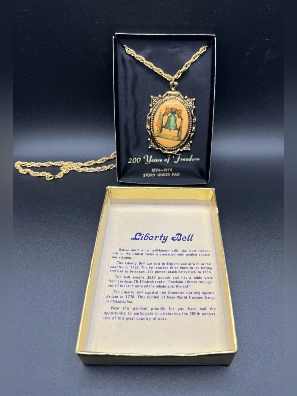 1976 Liberty Bell Pendant Necklace Original Box Story Cameo Patriotic USA 250th